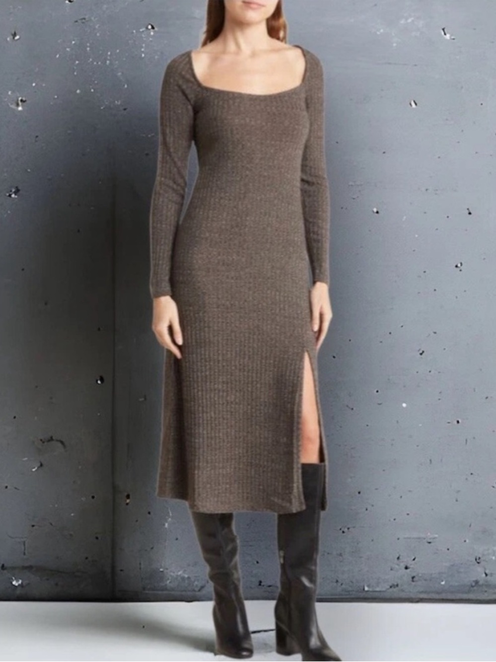 ASTR the Label Long Sleeve Hi-Slit Midi Sweater Dress in Gray-Black sz XL